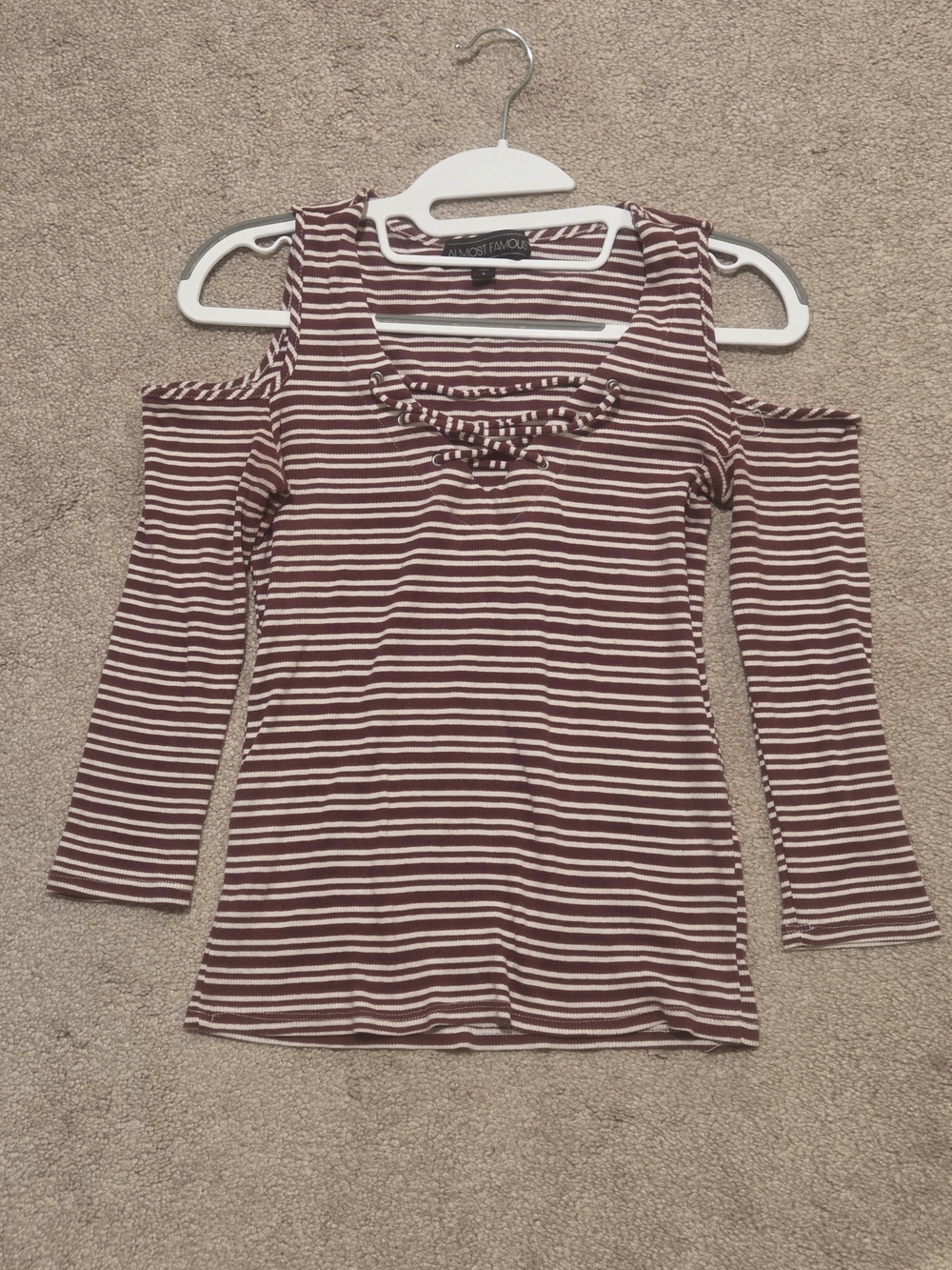 Almost Famous Maroon & White Striped Cold-Shoulder Lace-Up Long Sleeve Top
